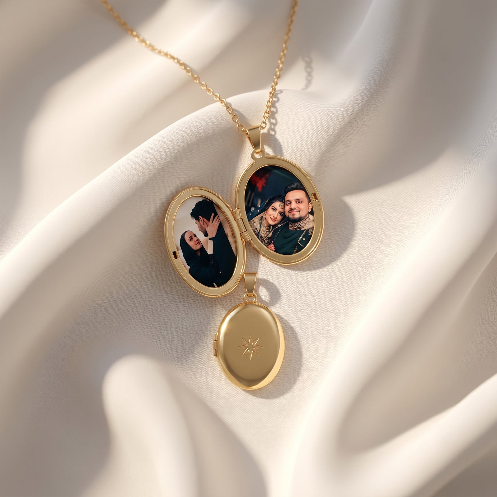 18k Gold Oval Locket Necklace | Starburst Engraved Photo Locket