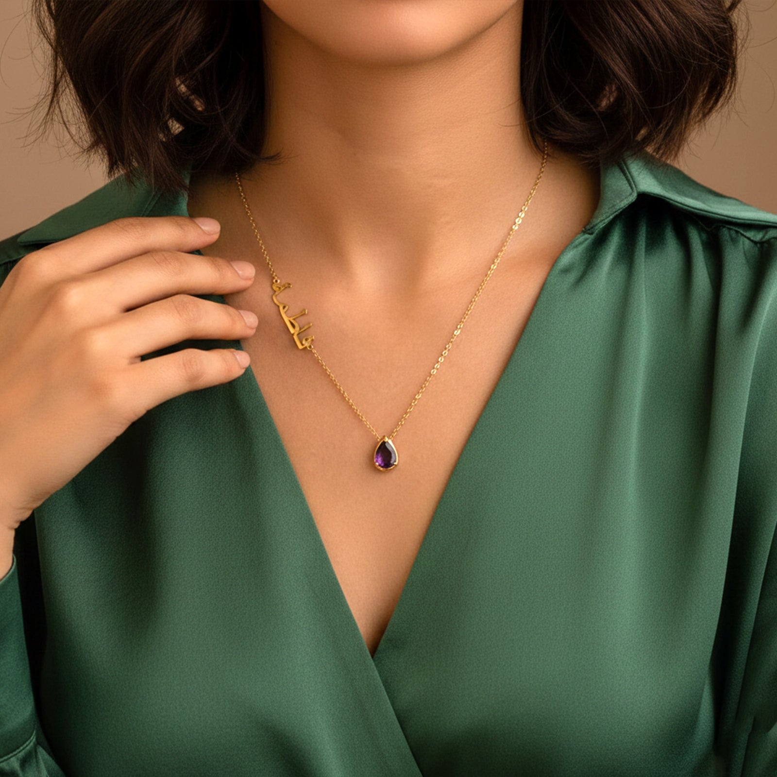Custom Arabic Name Necklace with Pear-Cut Birthstone | Solid 18k Gold Personalized Jewelry