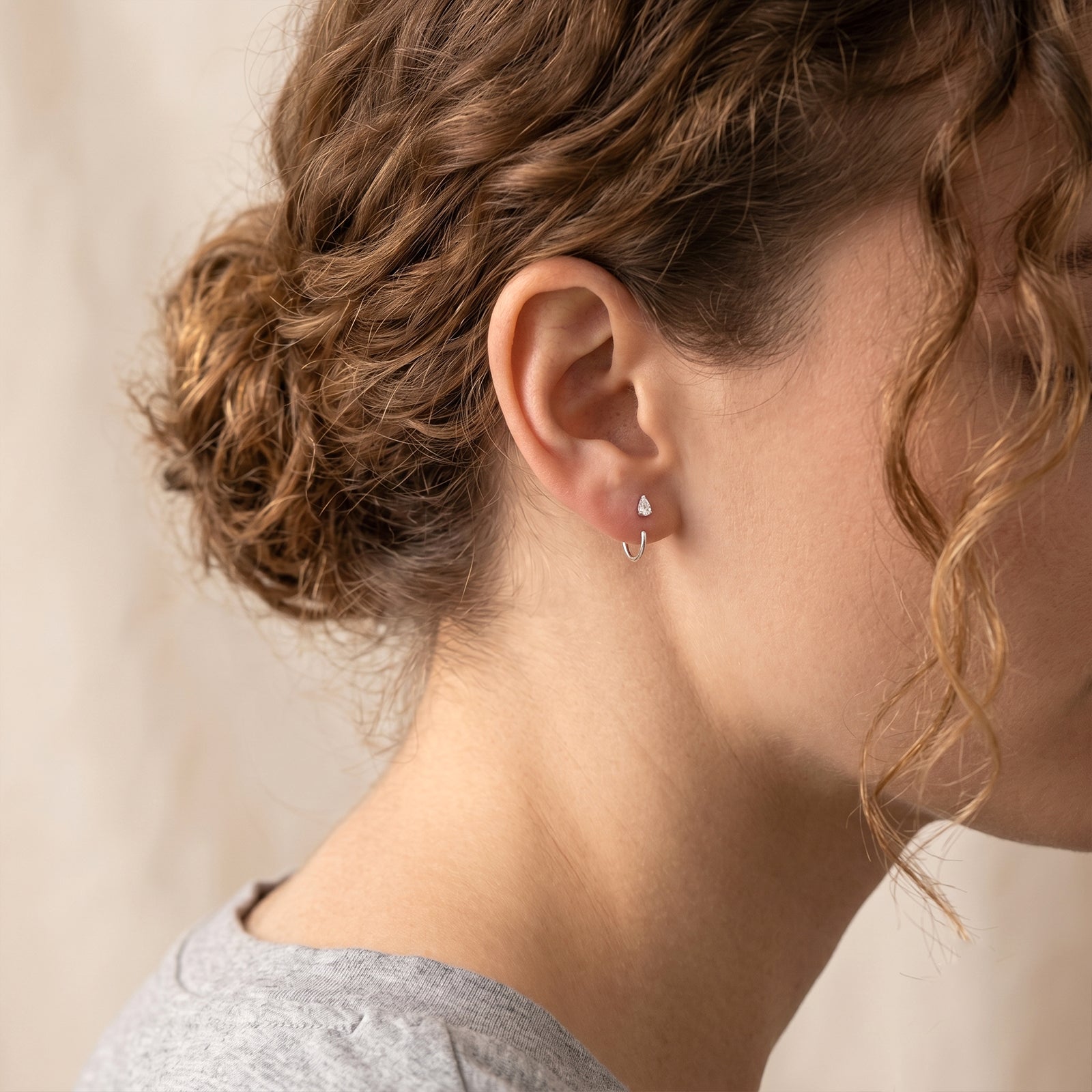 18k Gold Pear Cut Diamond Suspender Earrings | Minimalist J-Hoops