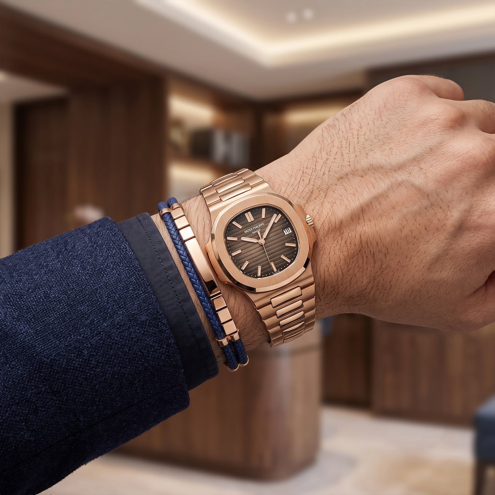 18K Rose Gold & Blue Braided Leather Men's Bracelet | Fine Designer Jewelry