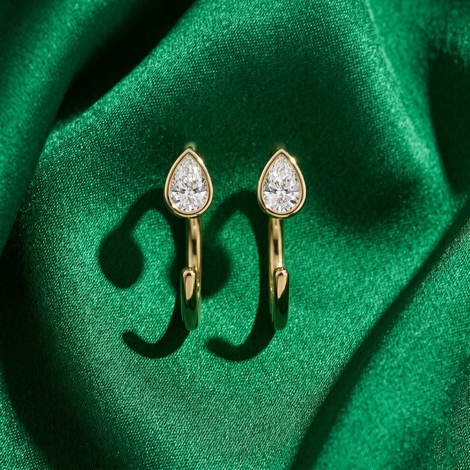 18k Gold Pear Cut Diamond Suspender Earrings | Minimalist J-Hoops