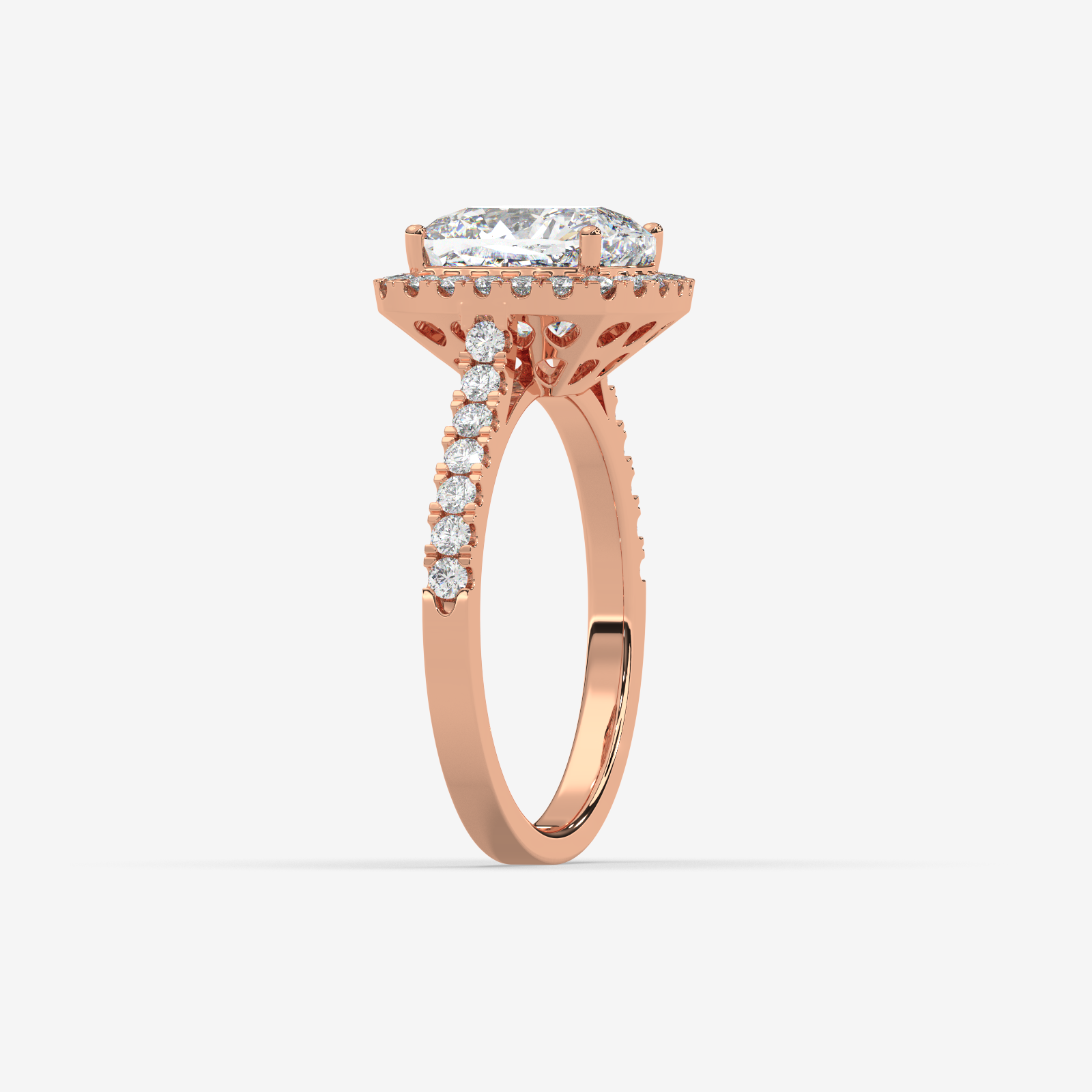 18k Gold Cushion Cut Halo Diamond Engagement Ring | Pave Set Band