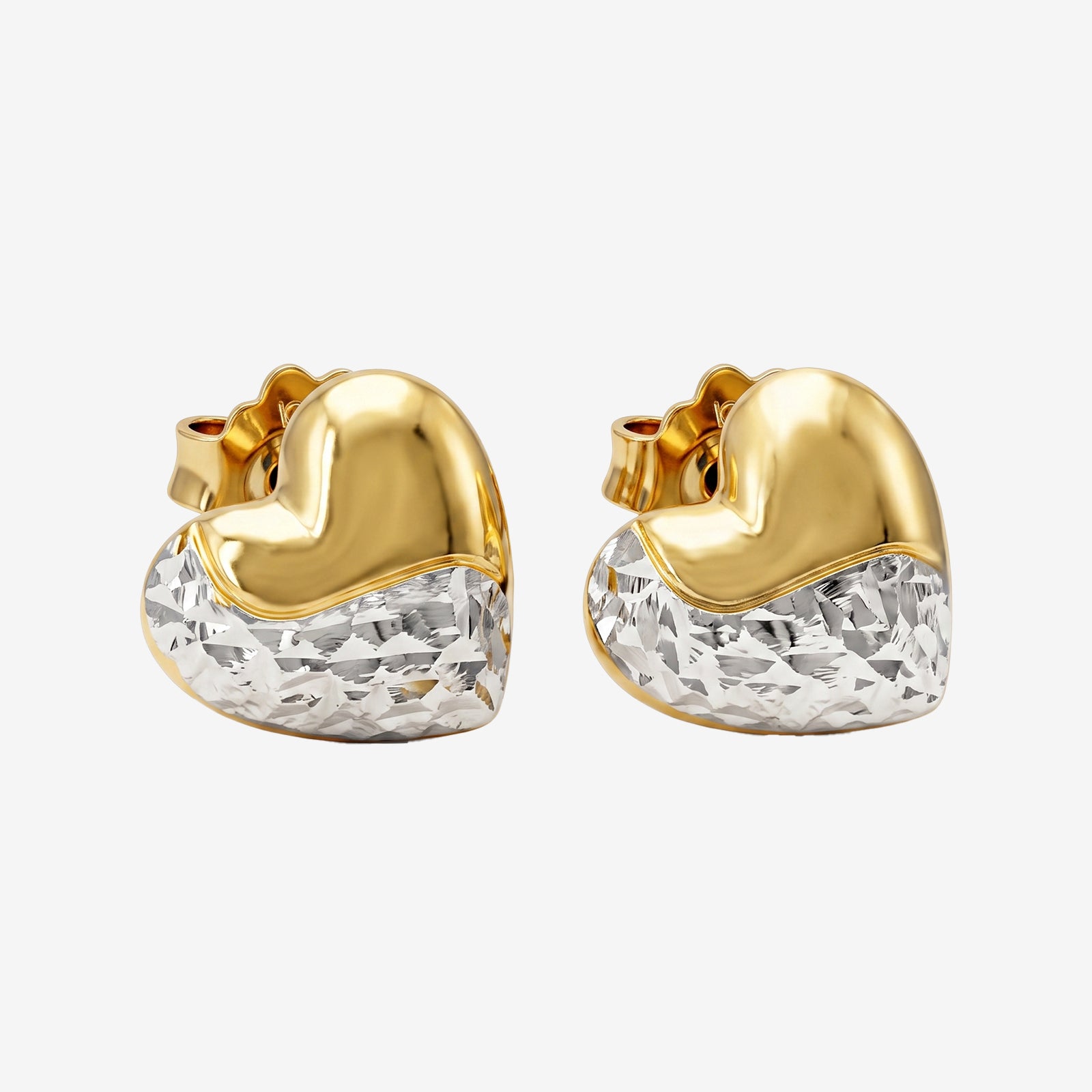 18k Gold Dual-Tone Heart Stud Earrings | Solid Yellow & White Gold Heart Jewelry for Women