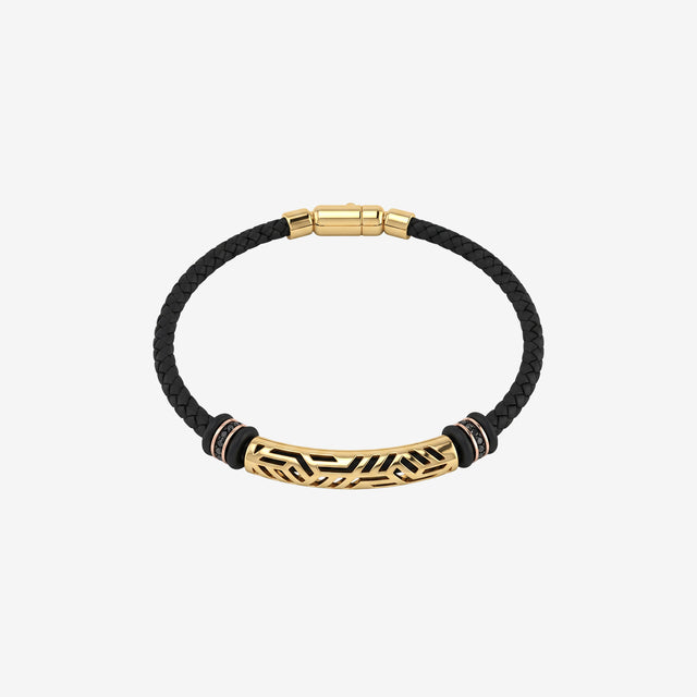 Men's 18K Gold & Black Leather Cord Bracelet with Black Spinel | Premium Designer Jewelry