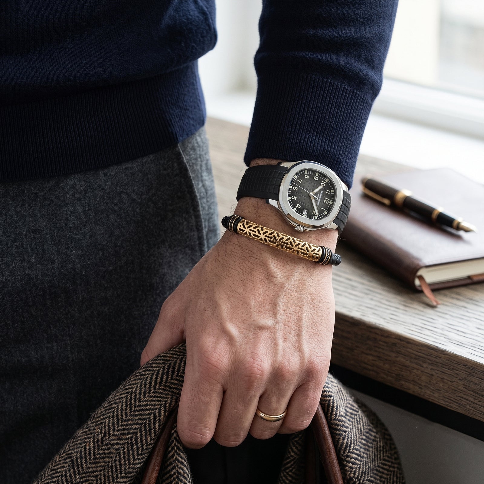 18K Gold & Black Leather Men's Bracelet with Black Spinel Accents | Premium Geometric Cutout Bangle
