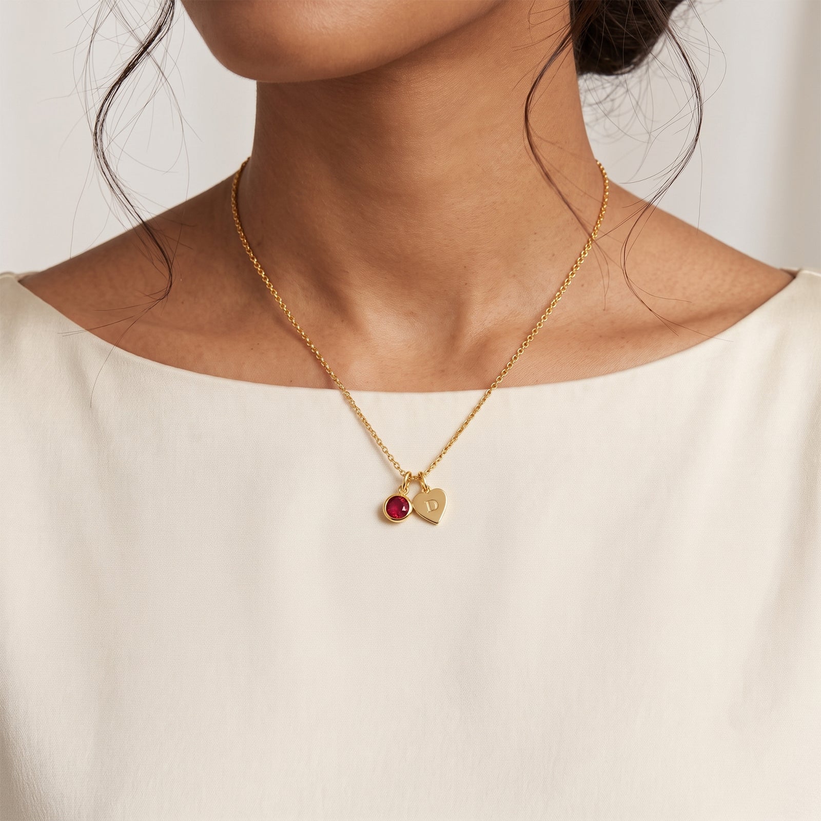 18K Gold Custom Initial D Heart & Ruby | Gemstone Pendant Necklace