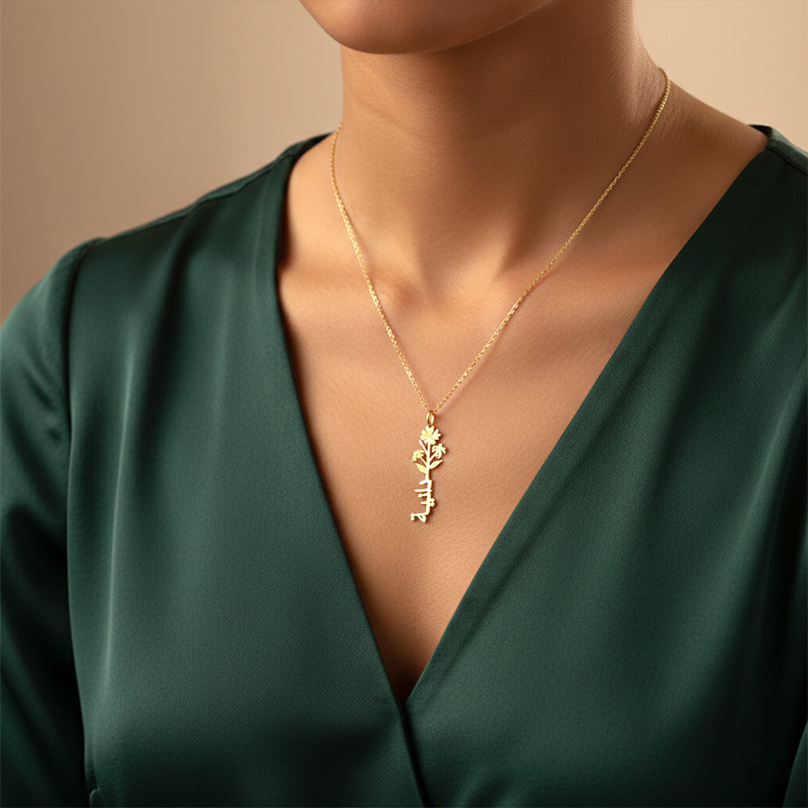 Personalized 18K Solid Gold Arabic Name Necklace with Floral Stem | Custom Calligraphy Jewelry for Her