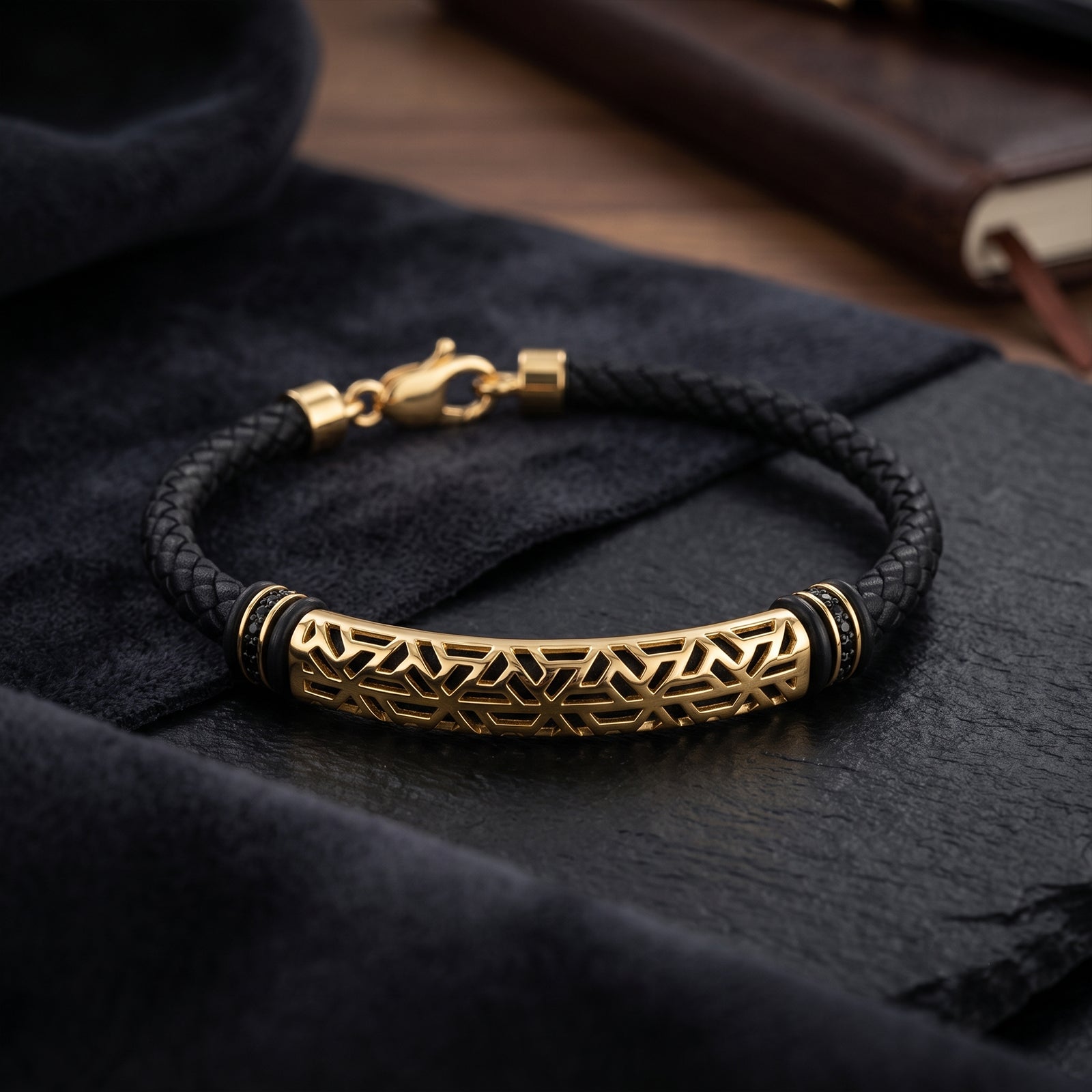 18K Gold & Black Leather Men's Bracelet with Black Spinel Accents | Premium Geometric Cutout Bangle