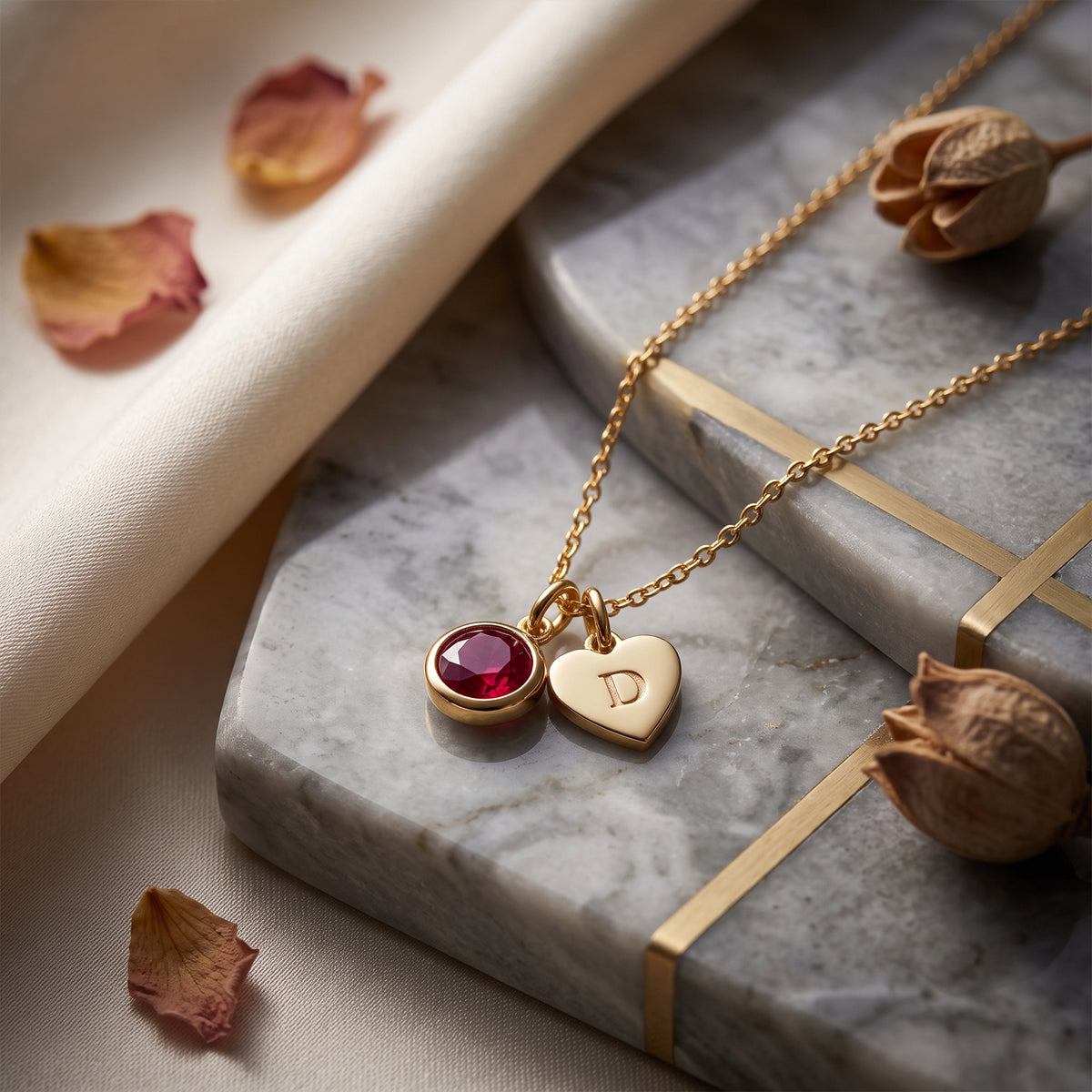 18K Gold Custom Initial D Heart & Ruby | Gemstone Pendant Necklace