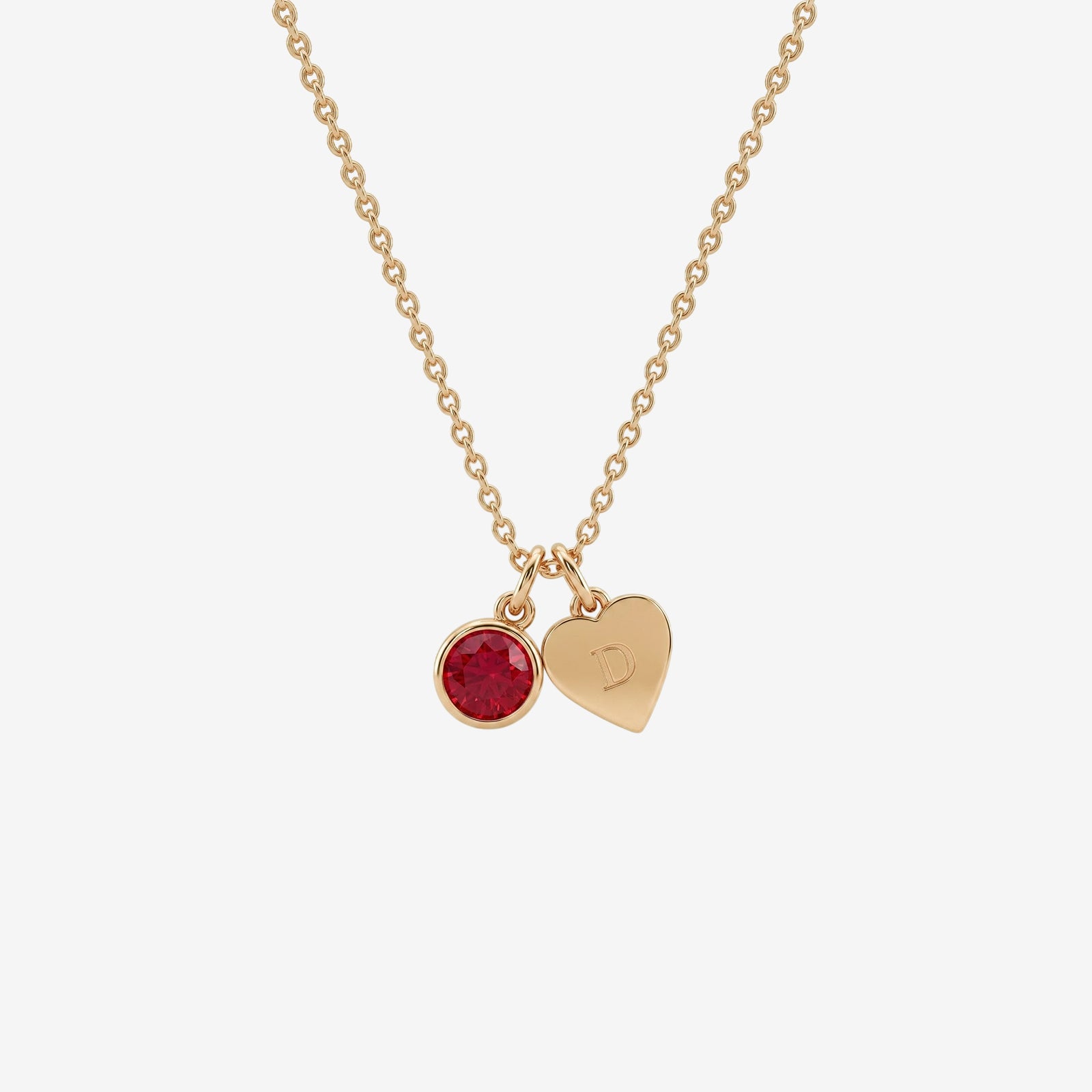 18K Gold Custom Initial D Heart & Ruby | Gemstone Pendant Necklace