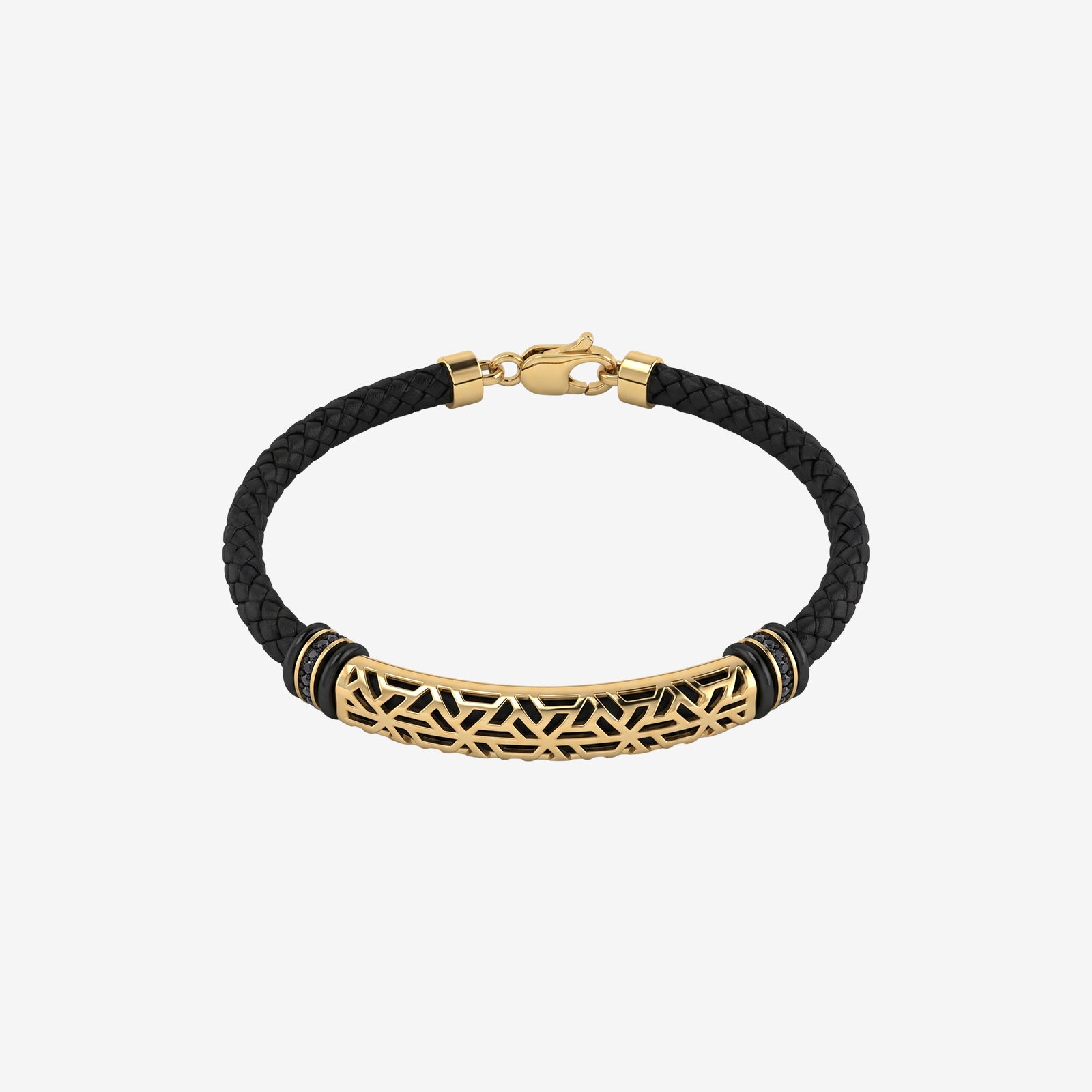 18K Gold & Black Leather Men's Bracelet with Black Spinel Accents | Premium Geometric Cutout Bangle