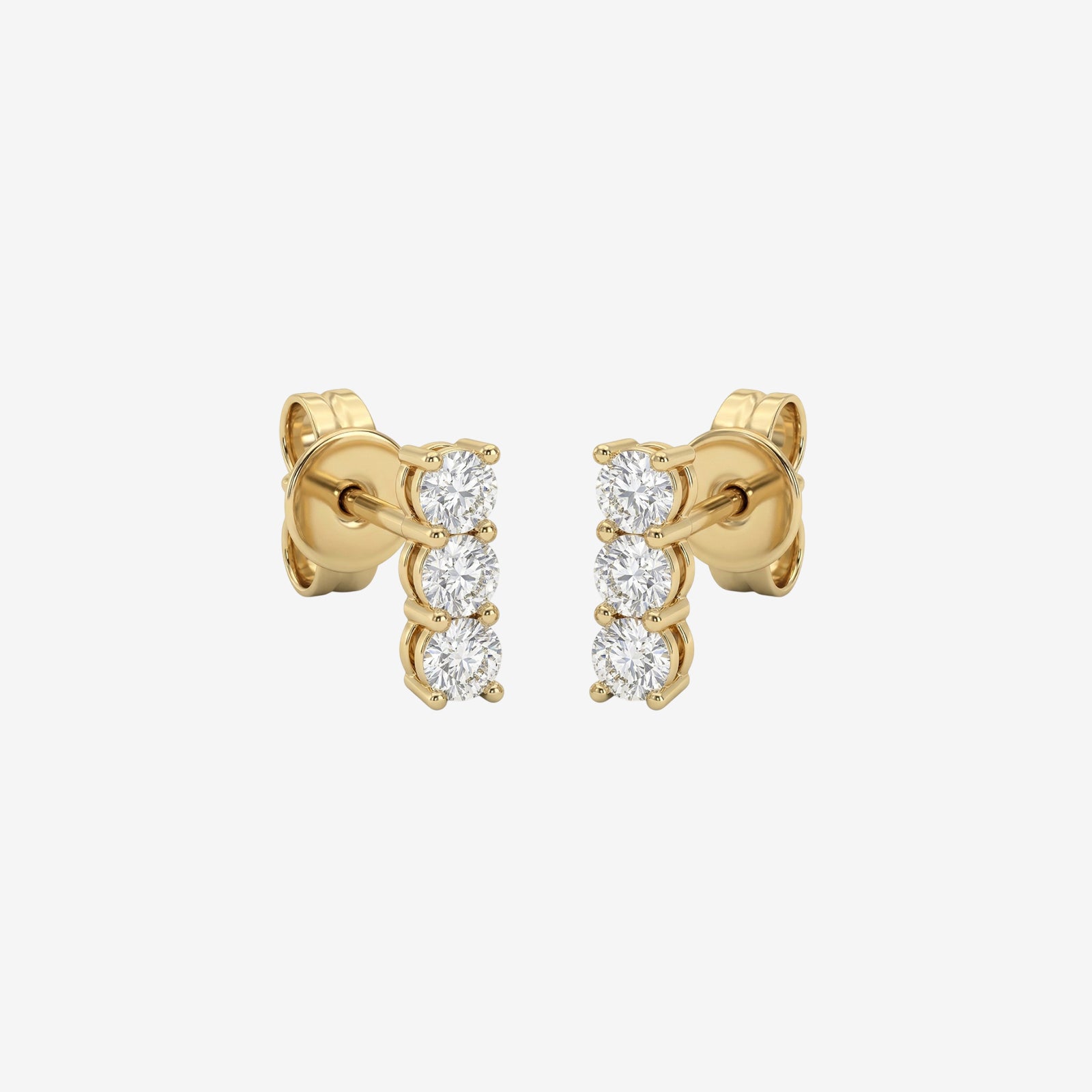18k Gold Triple Diamond Bar Stud Earrings | Round Diamonds