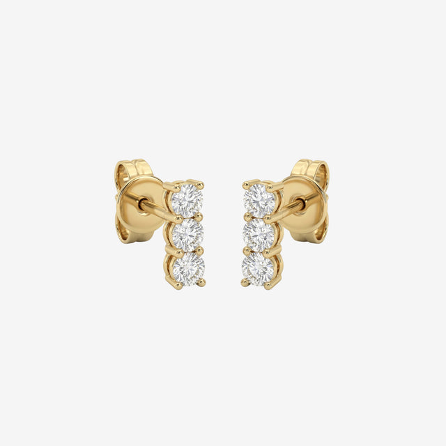 18k Gold Triple Diamond Bar Stud Earrings | Round Diamonds