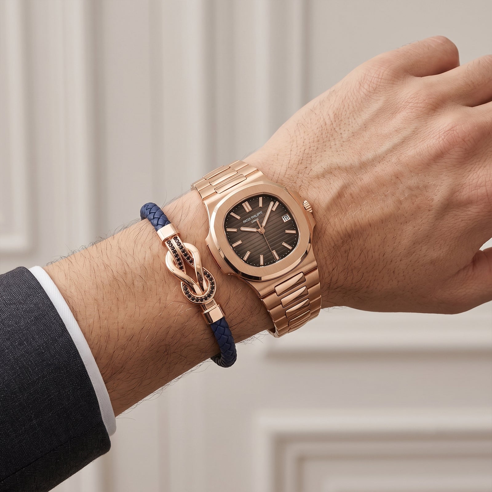18K Rose Gold Knot Braided Leather Bracelet with Black Spinel | Men's Luxury Jewelry