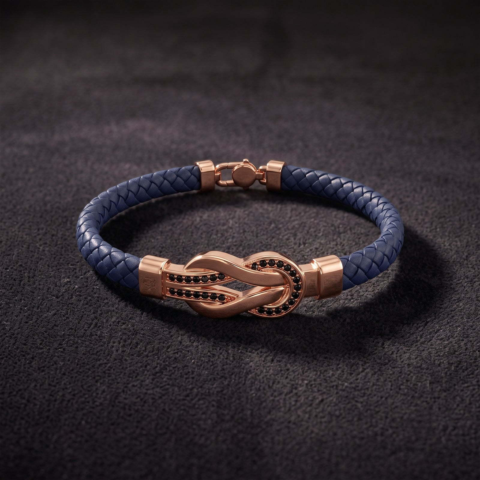 18K Rose Gold Knot Braided Leather Bracelet with Black Spinel | Men's Luxury Jewelry