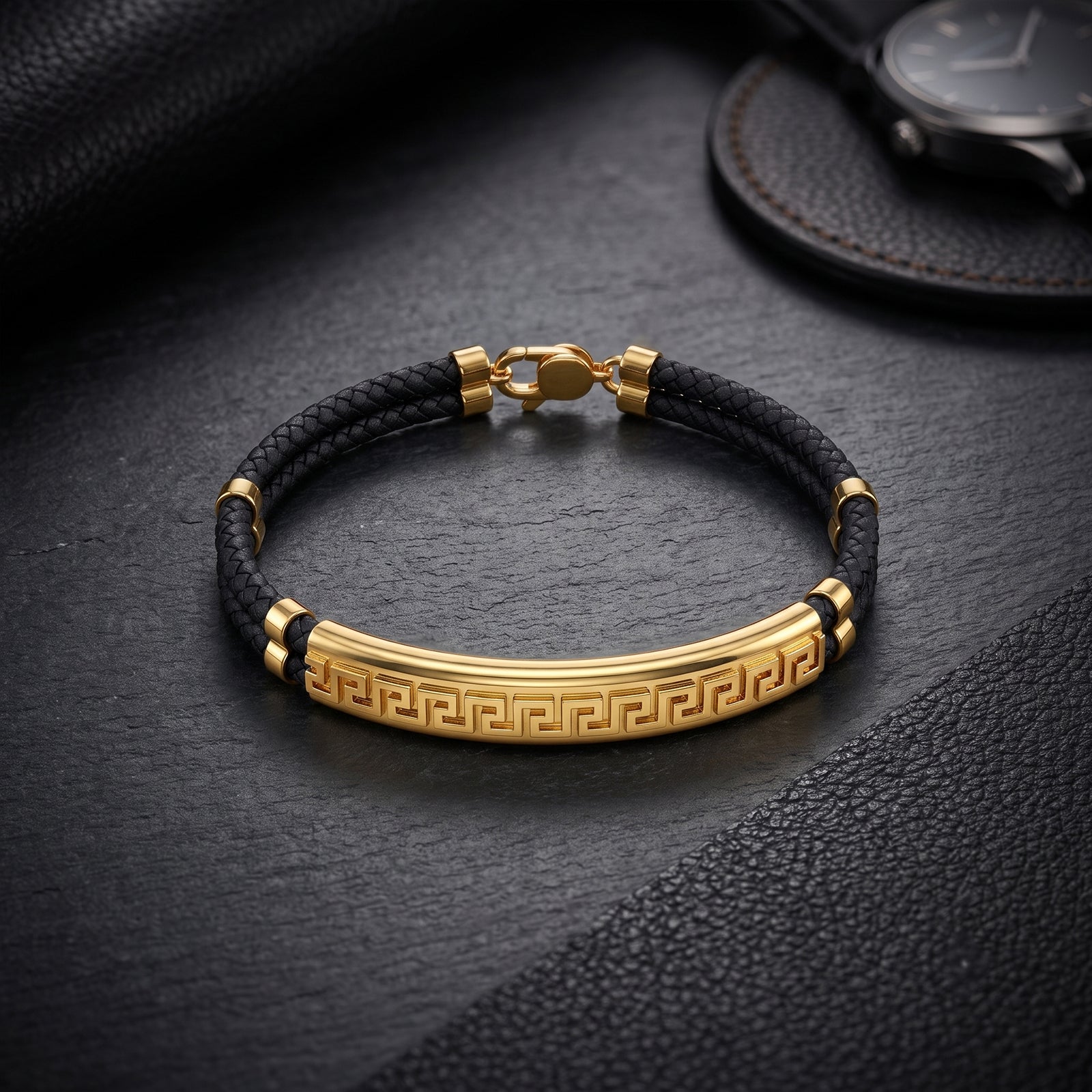 18K Gold & Black Leather Greek Key Bracelet | Men’s Designer Braid Wristband