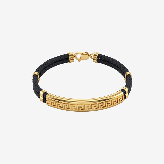 18K Gold & Black Leather Greek Key Bracelet | Men’s Designer Braid Wristband