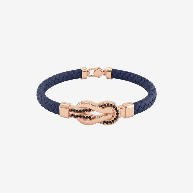 18K Rose Gold Knot Braided Leather Bracelet with Black Spinel | Men's Luxury Jewelry