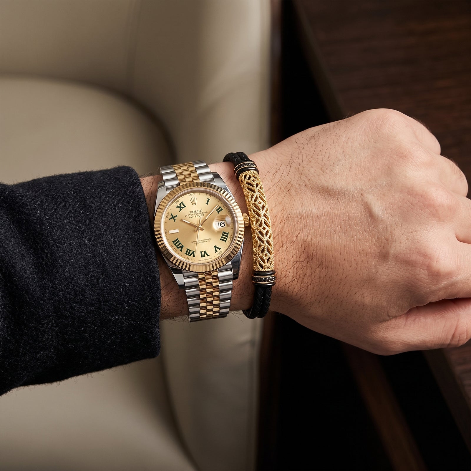 18K Gold & Black Spinel Braided Leather Bracelet | Luxury Men’s Jewelry