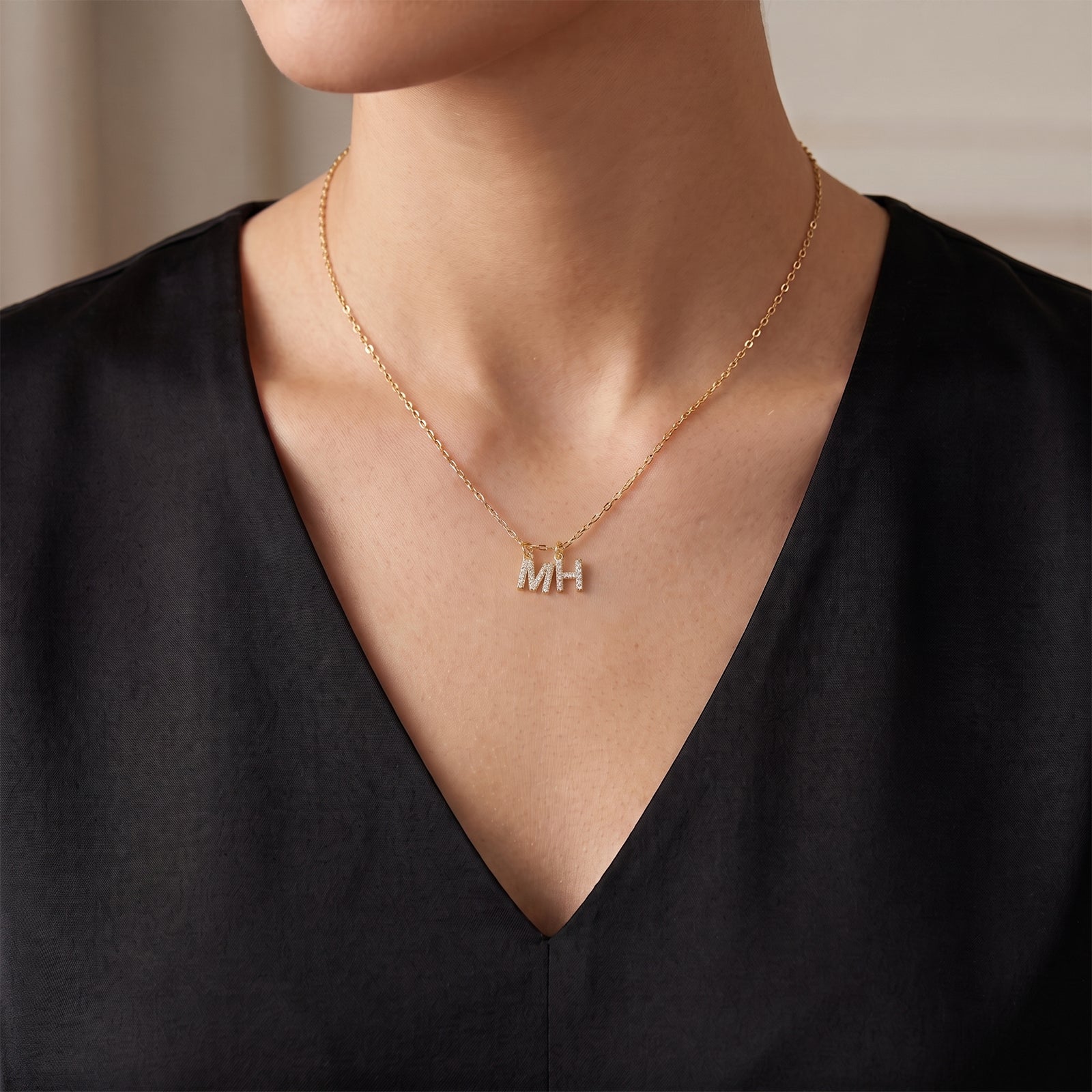 18K Gold Double Initial Diamond Necklace | Custom Pave Pendant
