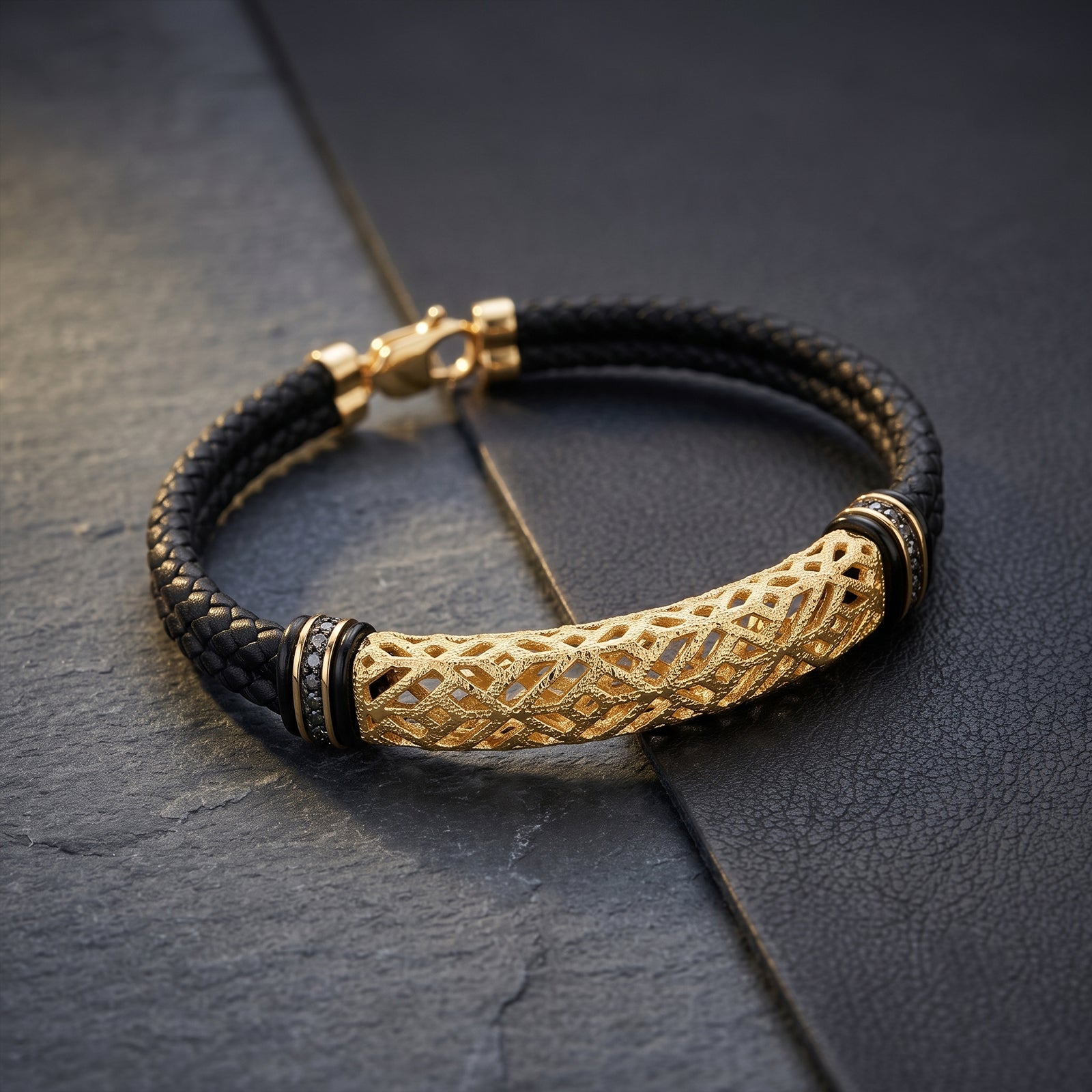 18K Gold & Black Spinel Braided Leather Bracelet | Luxury Men’s Jewelry