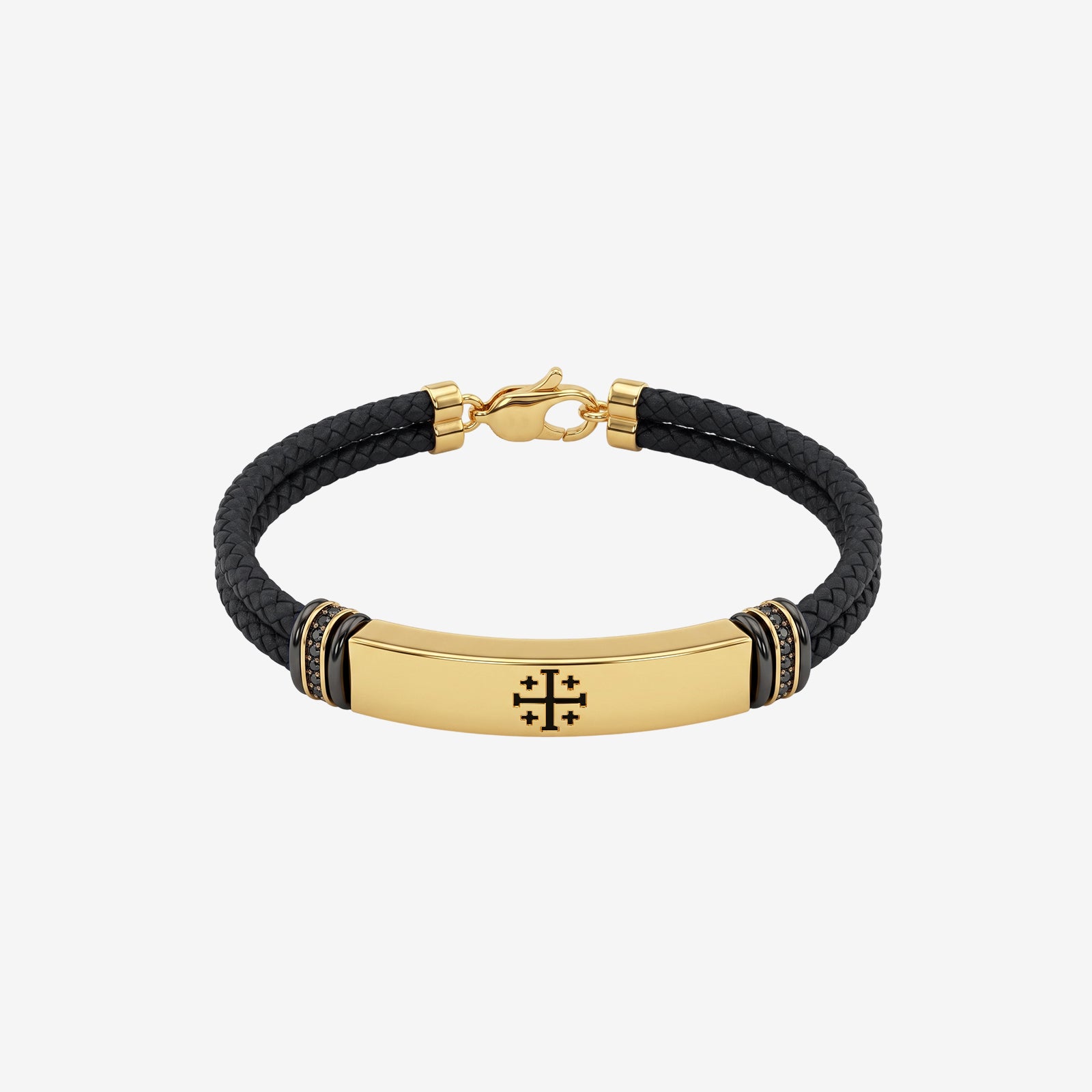 18K Gold & Black Spinel Men's Braided Leather Bracelet | Luxury Cross Emblem