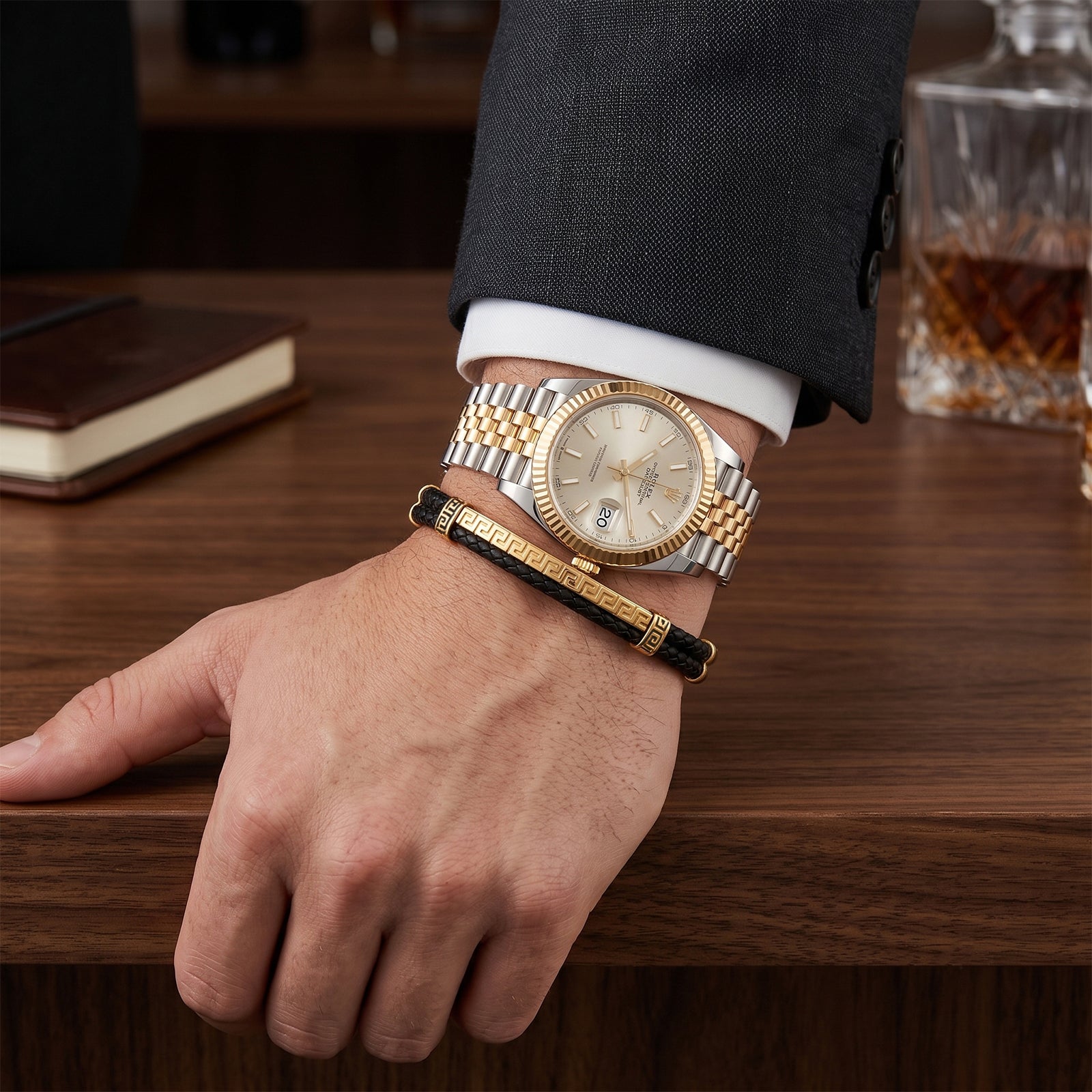 18K Gold & Black Leather Greek Key ID Bracelet for Men | Fine Jewelry