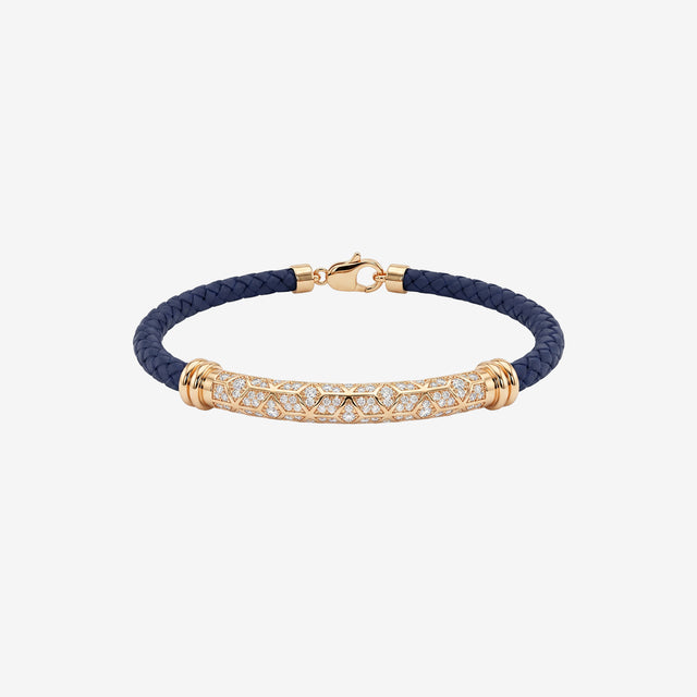 Men's 18K Gold Diamond Curved Bar Braided Leather Bracelet | Luxury Jewelry