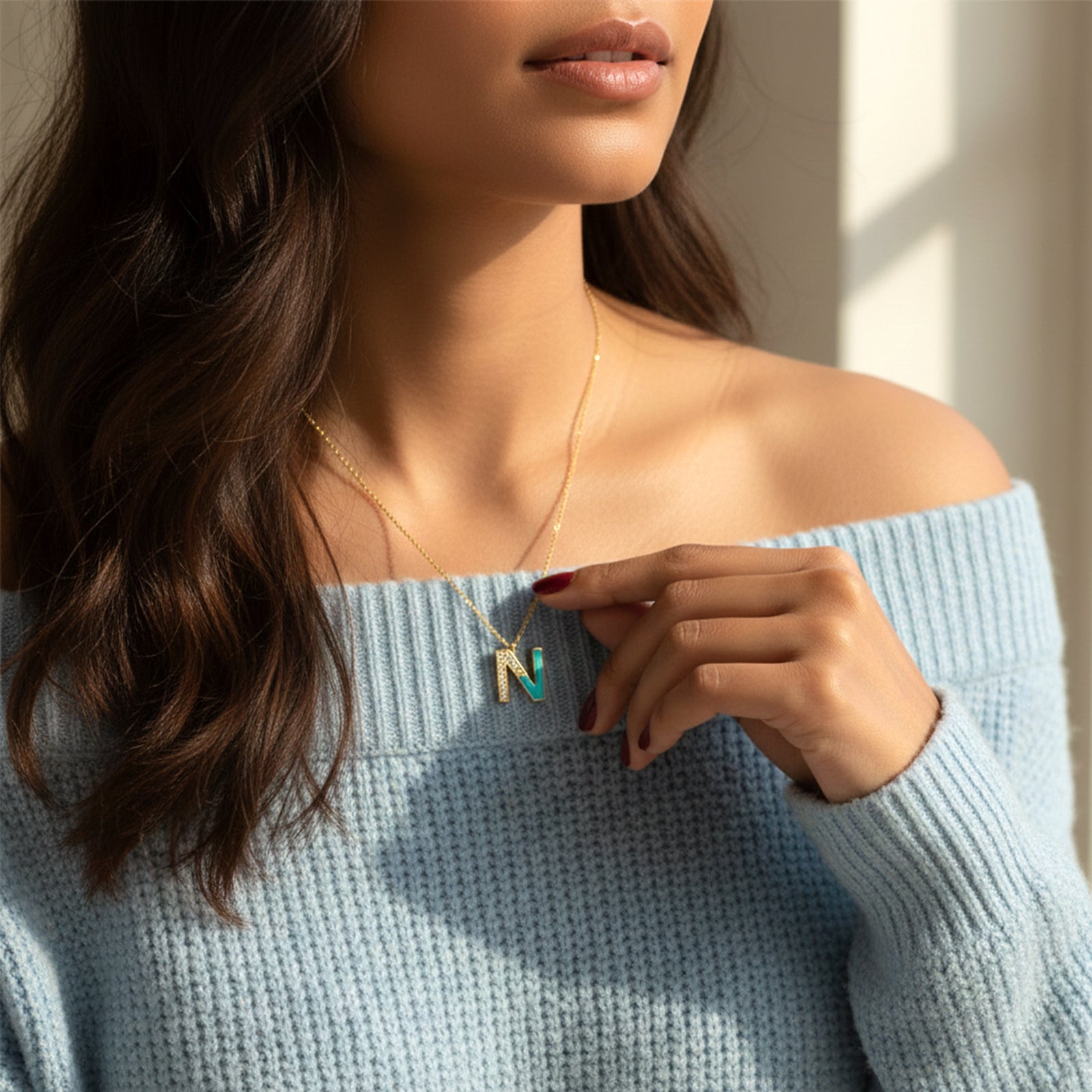 18K Gold Custom Initial Letter Pendant | Turquoise Enamel & Diamond Necklace