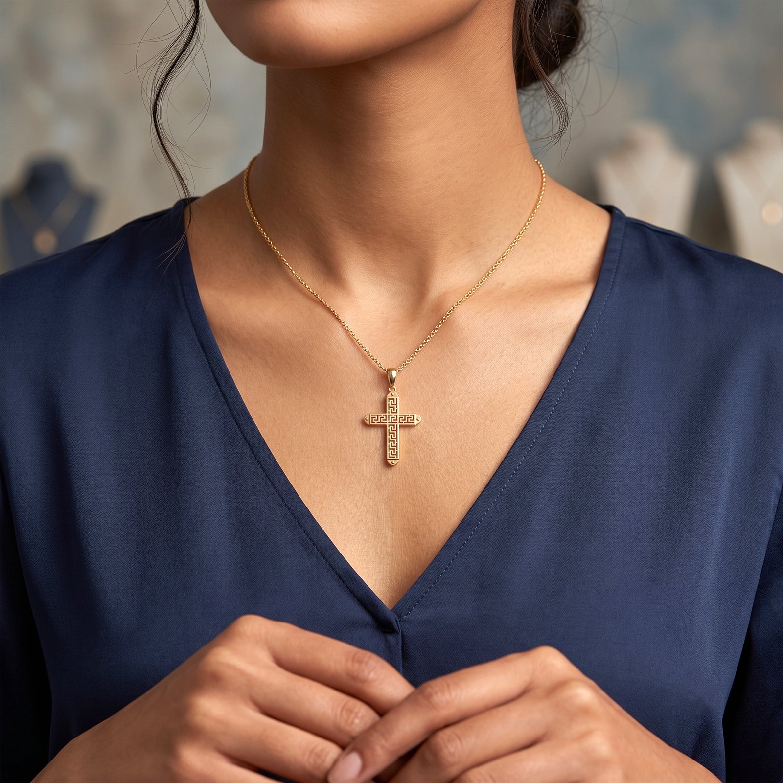 18K Gold Greek Key Cross Pendant Necklace | Two-Tone Fine Jewelry