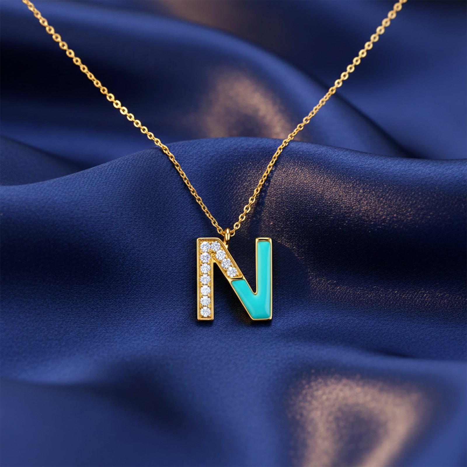 18K Gold Custom Initial Letter Pendant | Turquoise Enamel & Diamond Necklace