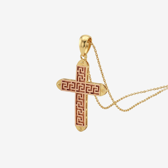 18K Gold Greek Key Cross Pendant Necklace | Two-Tone Fine Jewelry