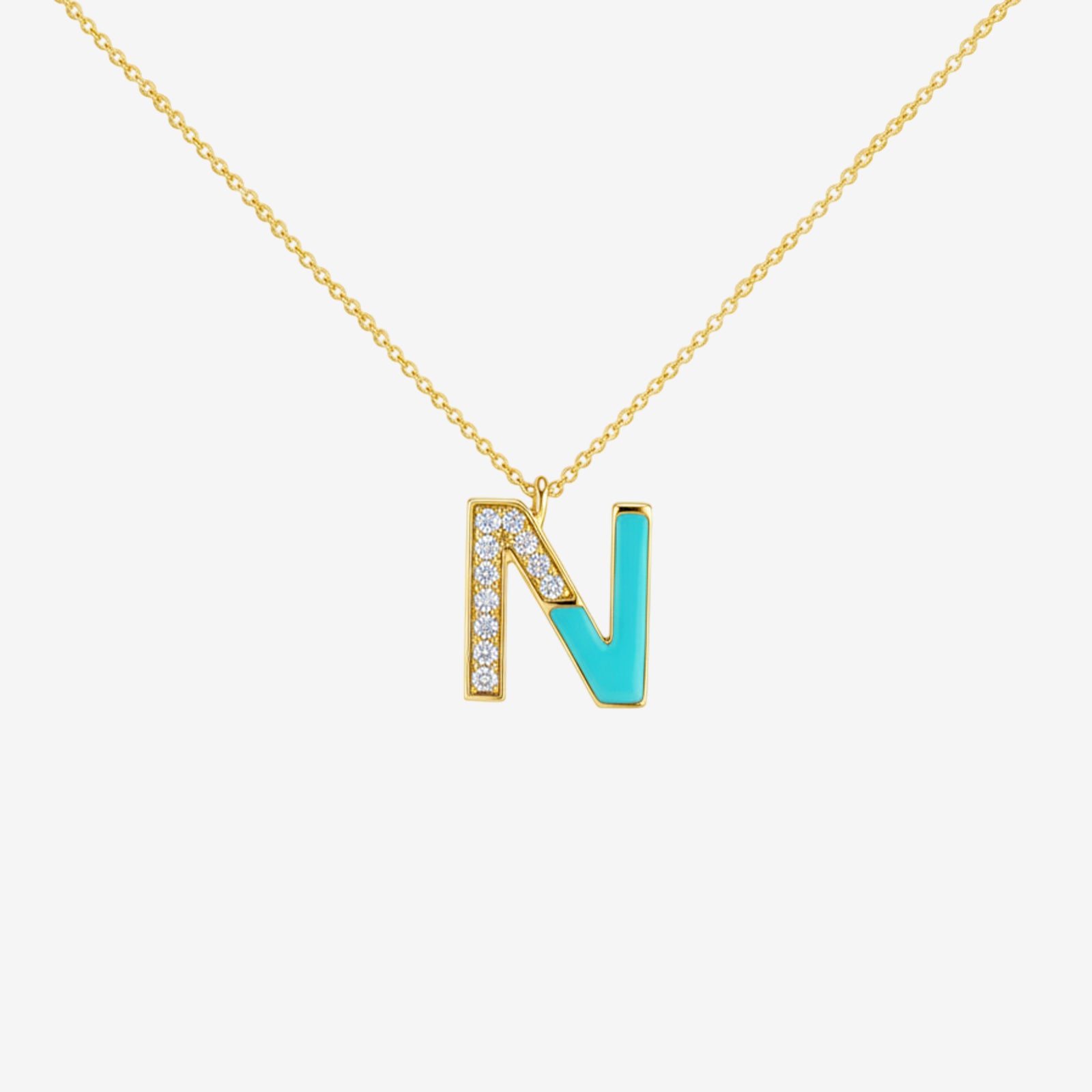 18K Gold Custom Initial Letter Pendant | Turquoise Enamel & Diamond Necklace