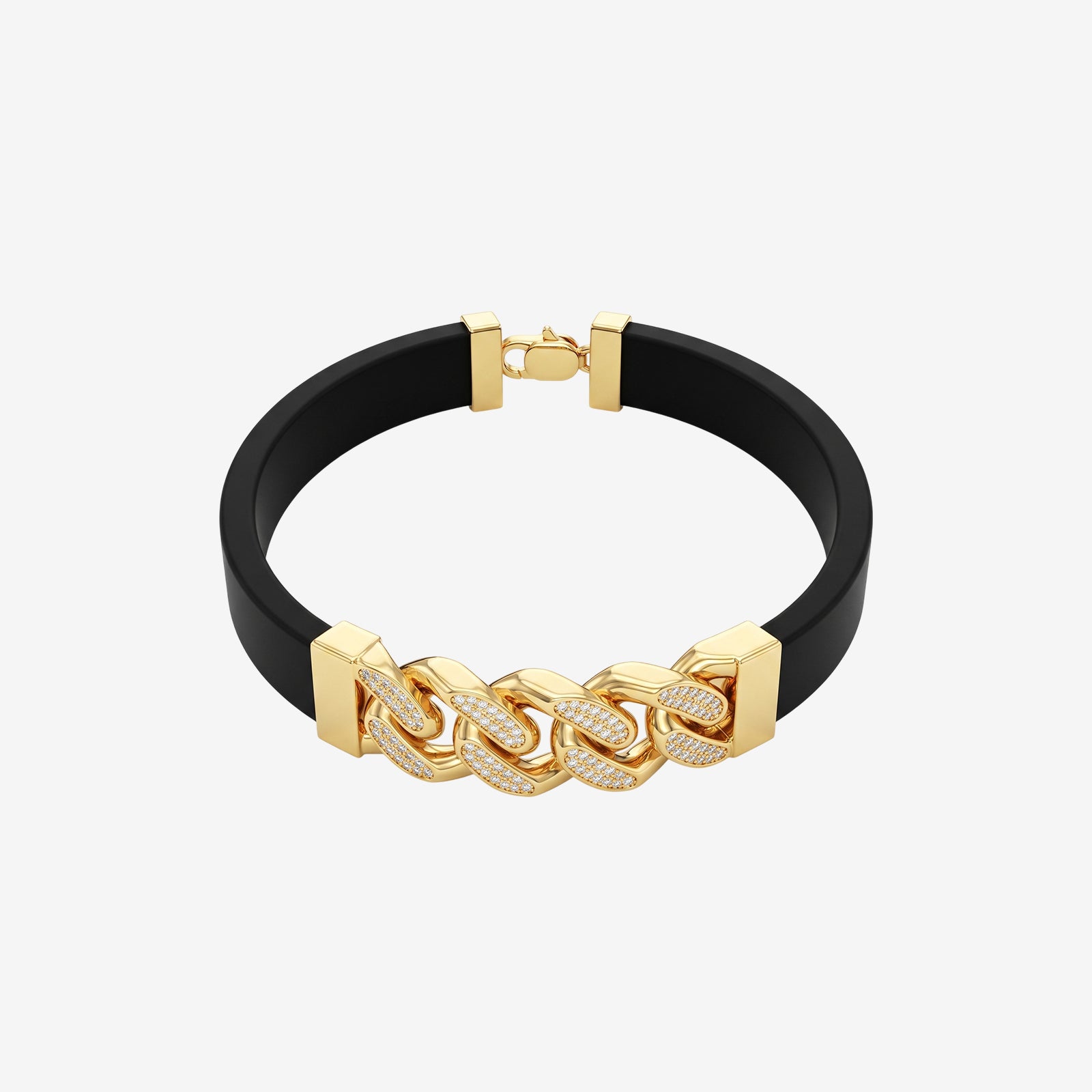 18K Gold Cuban Link Men's Black Rubber Strap Bracelet | Luxury Men's Jewelry