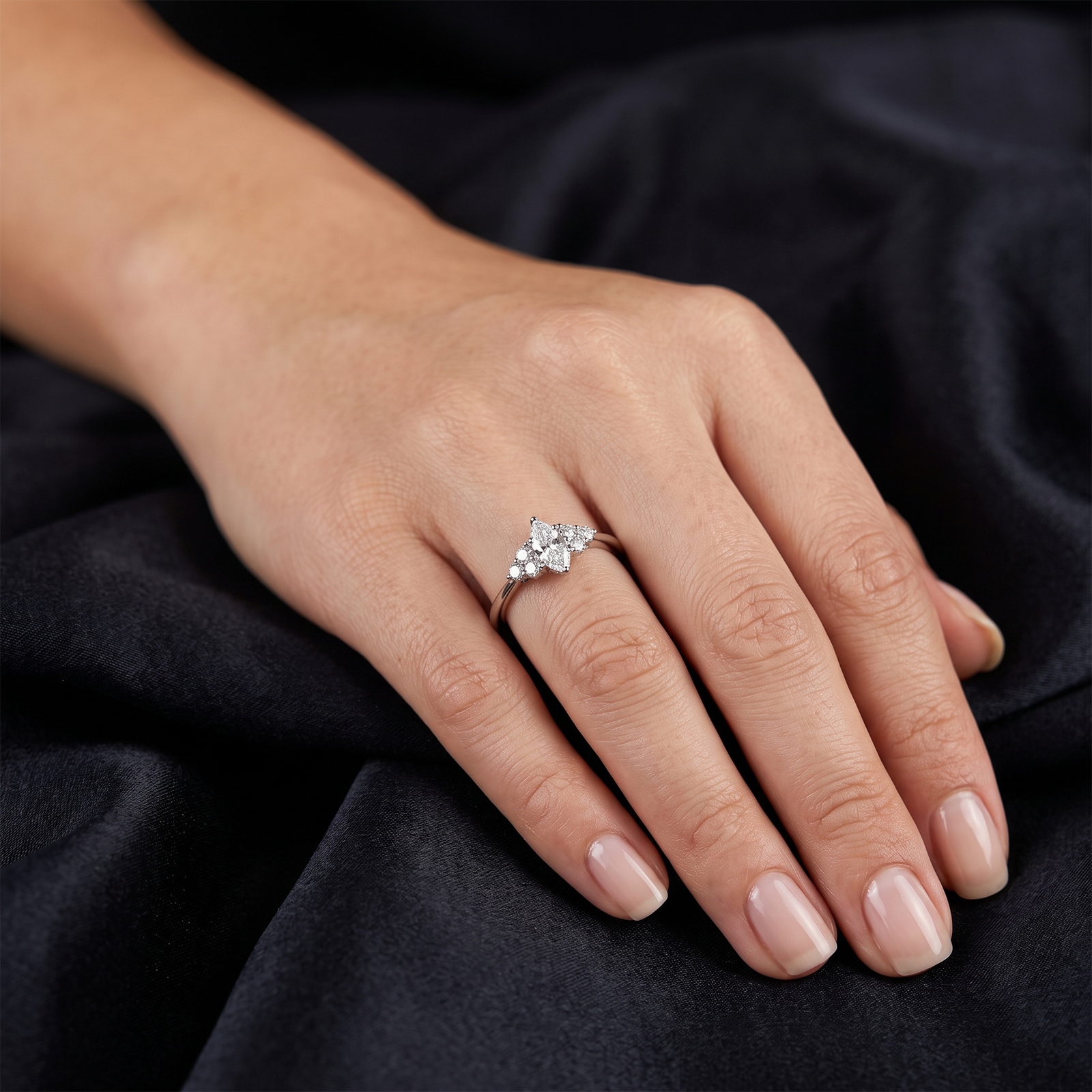 Solid Gold Marquise Diamond Engagement Ring | Cluster Side Stone Cluster Ring