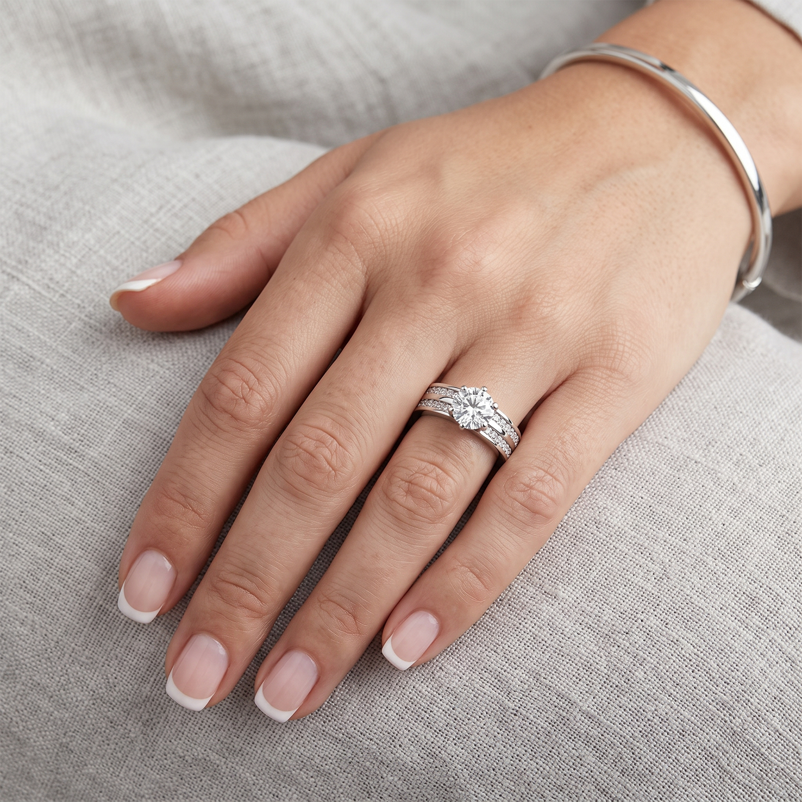 Solid Gold Round Cut Diamond Solitaire Engagement Ring | Triple Row Pave Band