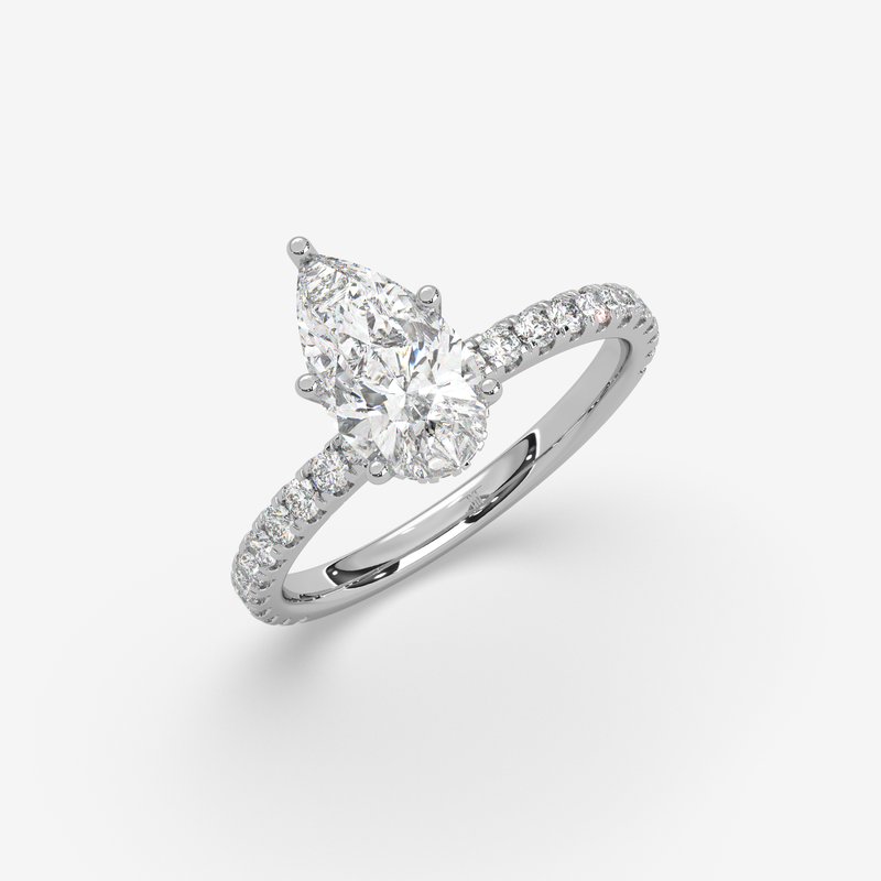 Solid Gold Pear Cut Diamond Engagement Ring with Pave Band & Hidden Halo