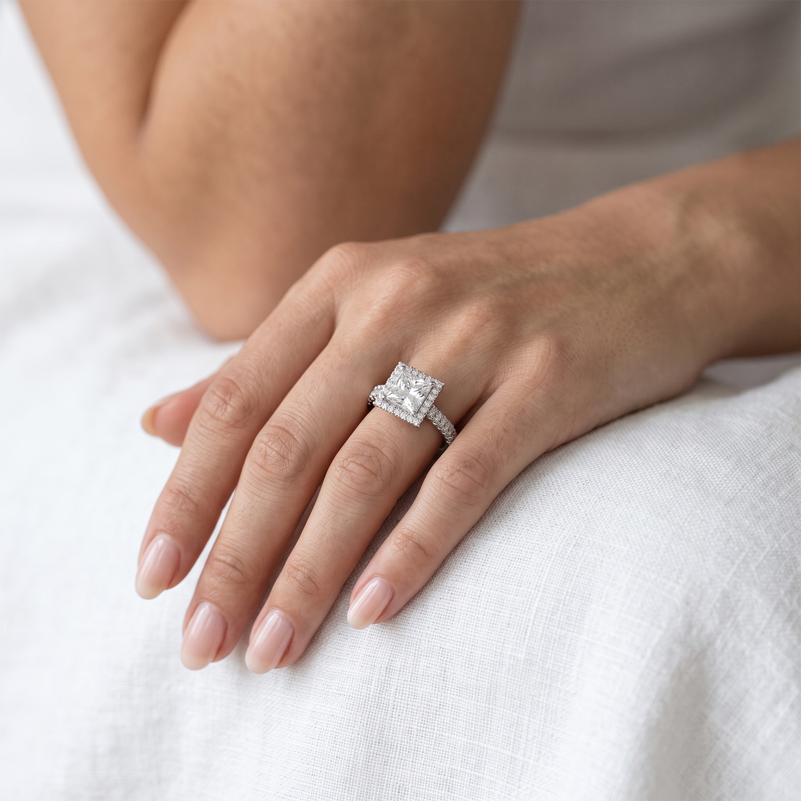 Solid Gold Princess Cut Halo Diamond Engagement Ring | Classic Pave Diamond Band