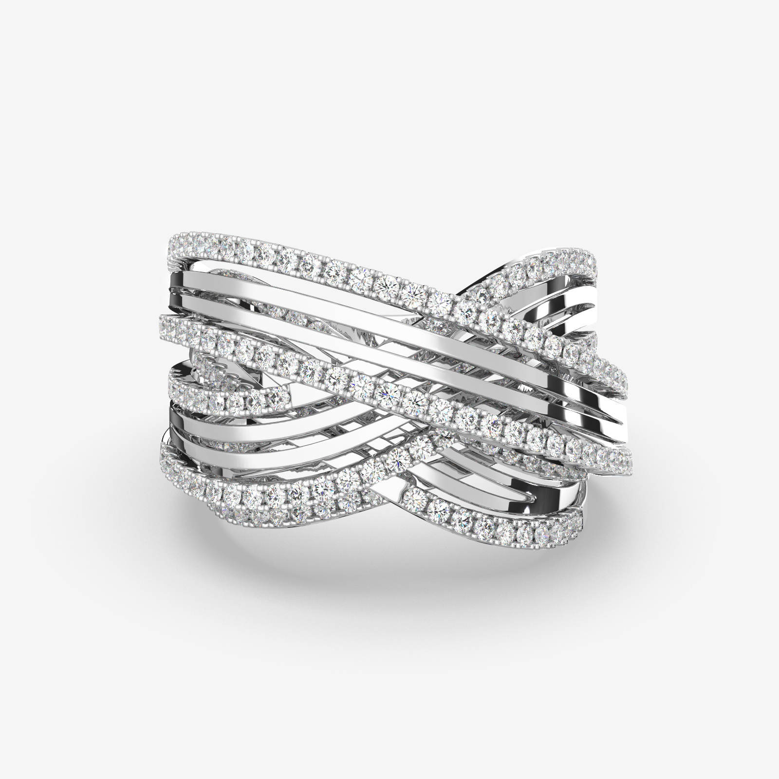 18k Gold Multi-Row Crossover Statement Ring with Brilliant-Cut Diamond