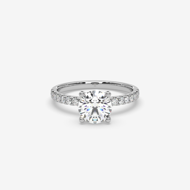 Classic Round Brilliant Solitaire Engagement Ring in 18K Gold | French Pave Diamond Band