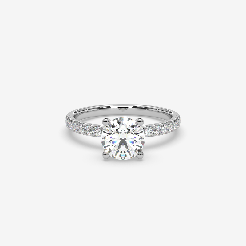 Classic Round Brilliant Solitaire Engagement Ring in Solid Gold | French Pave Diamond Band