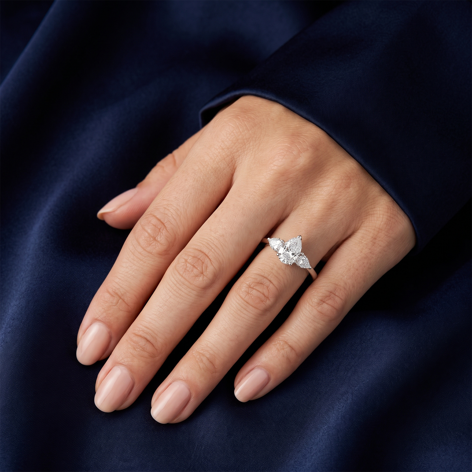 Solid Gold Pear Cut Diamond Trilogy Engagement Ring | Three-Stone Anniversary Band