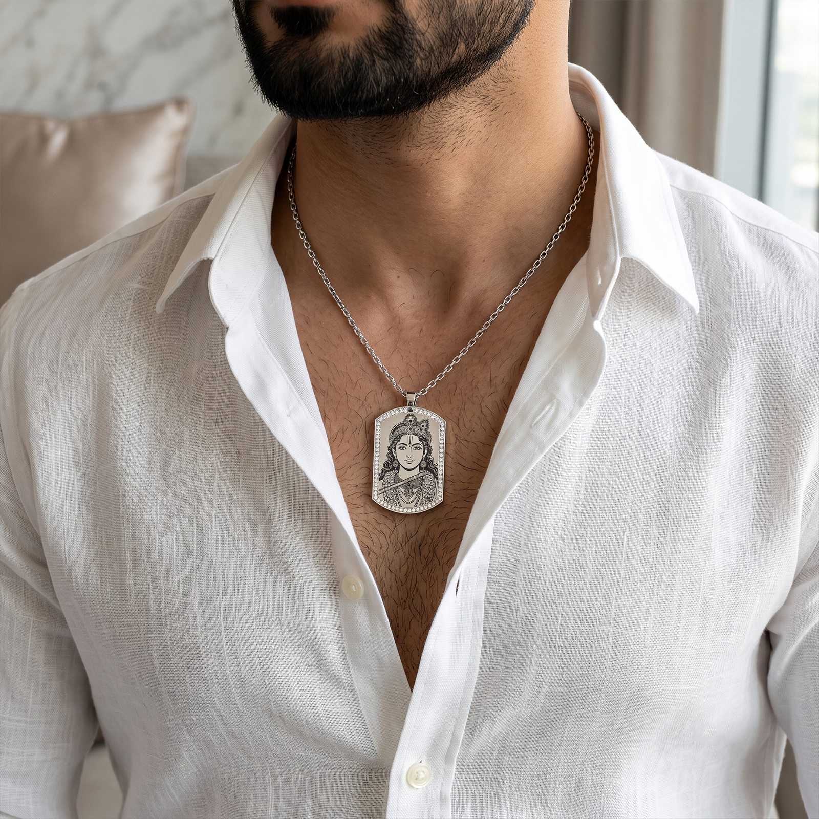 18K Gold Lord Krishna Pendant Necklace with Krishna Pranama Mantra | Diamond Frame Religious Jewelry