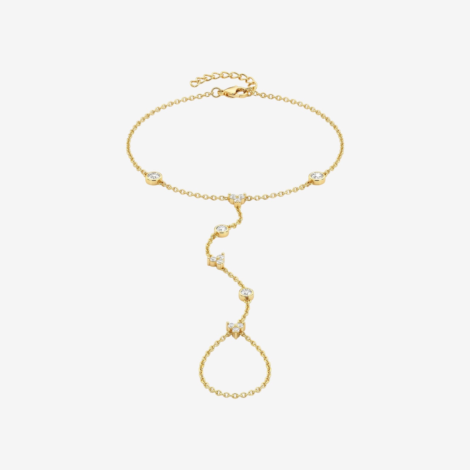 18k Solid Gold Diamond Hand Chain Bracelet | Bezel-Set Dainty Finger Bracelet for Women