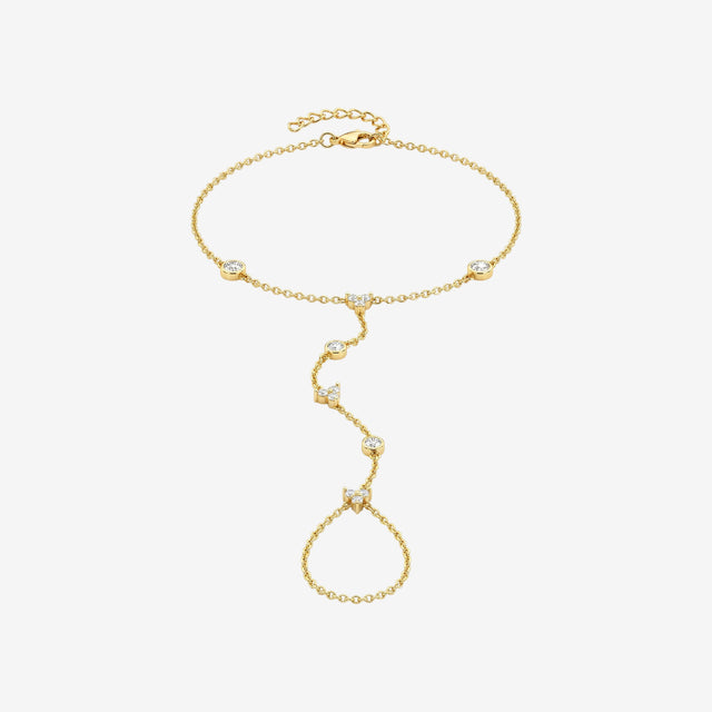 18k Solid Gold Diamond Hand Chain Bracelet | Bezel-Set Dainty Finger Bracelet for Women