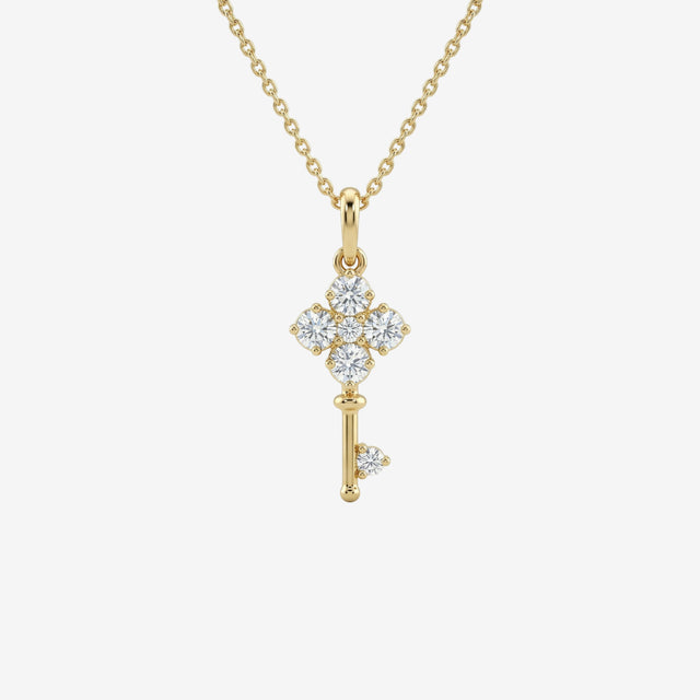 18K Gold Diamond Clover Key Pendant Necklace | Solid Gold Key to My Heart Jewelry