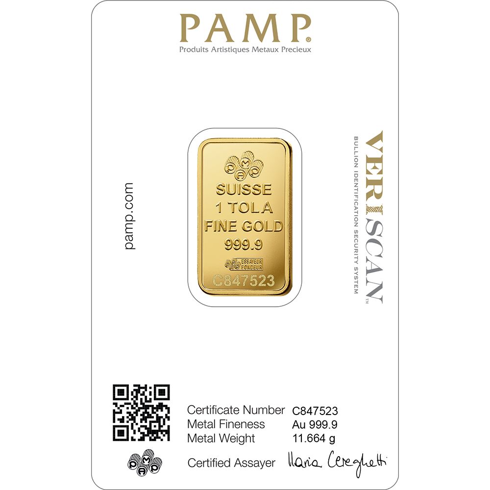 1 TOLA SUISSE PAMP GOLD BAR – 24K (999.9) PURE GOLD - SEALED & CERTIFIED