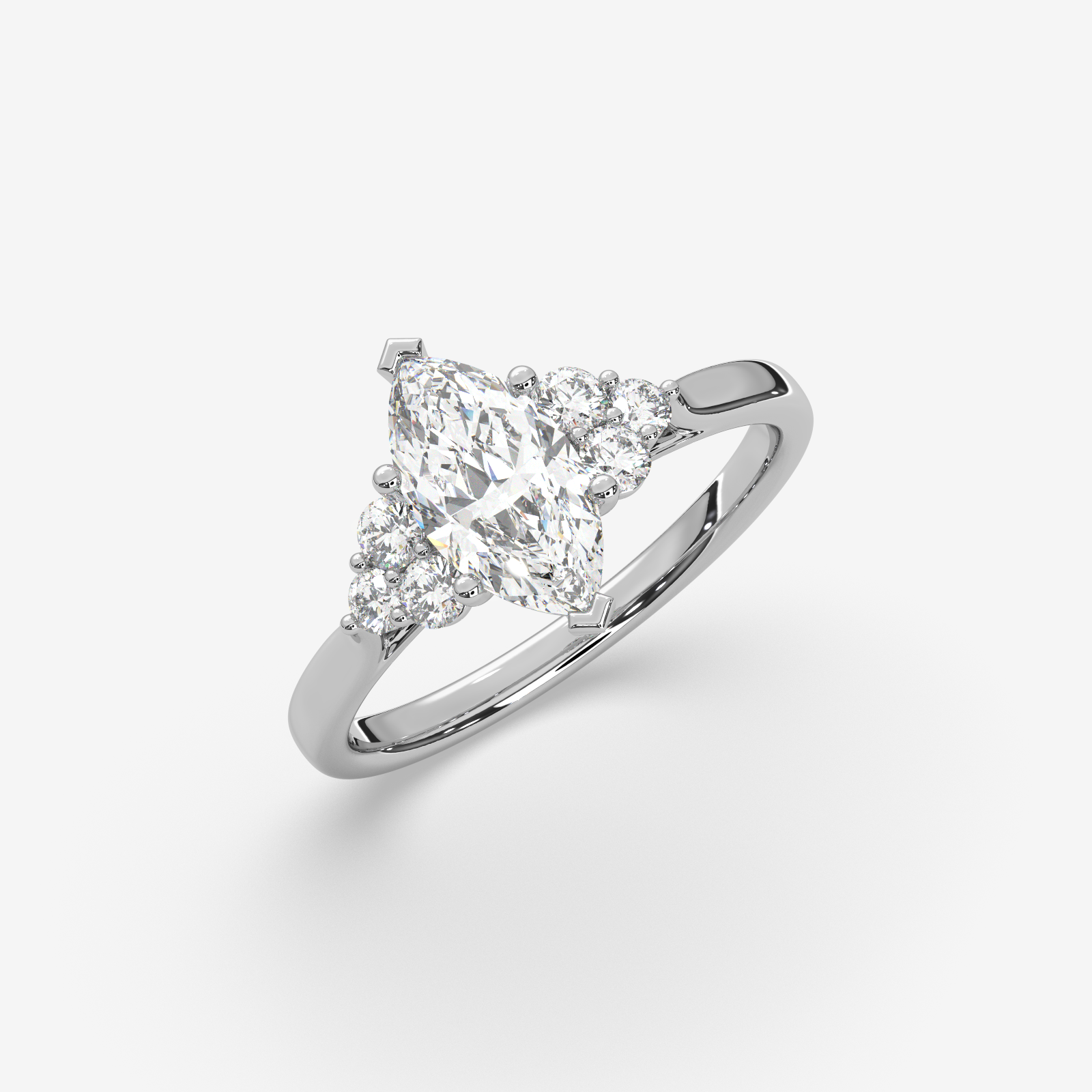Solid Gold Marquise Diamond Engagement Ring | Cluster Side Stone Cluster Ring