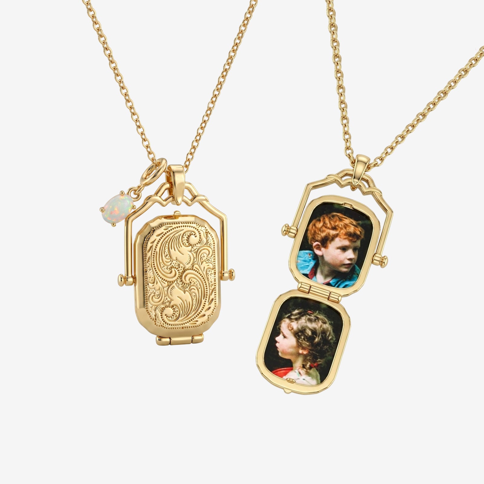 18k Gold Vintage Swivel Locket Necklace with Opal Charm | Antique Style Engraved Photo Pendant