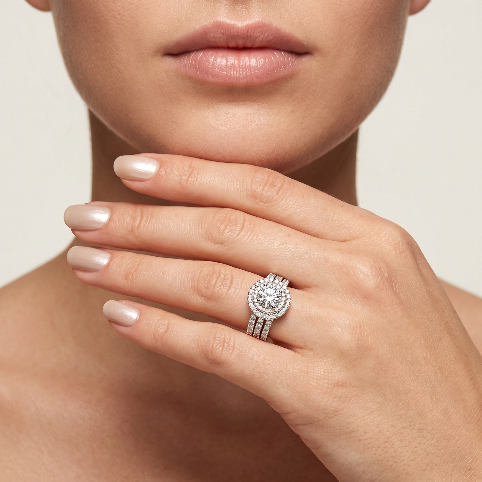 18K Gold Double Halo Diamond Engagement Ring | Round Cut Split Shank Bridal
